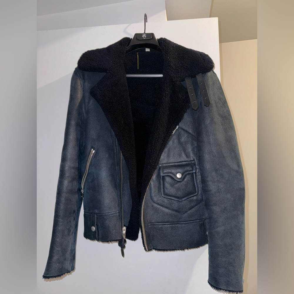 Coach leather and shearling navy coat